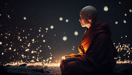 Buddhist monk meditating with his eyes closed. Mixed mediaの素材