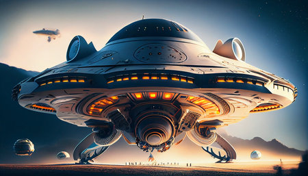UFO flying in the night sky. 3d rendering illustration.の素材