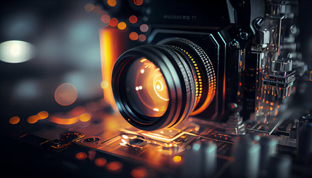Camera lens on a digital background. 3d rendering toned imageの素材