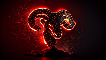 Silhouette of a ram head on a rock with red neon lightsの素材