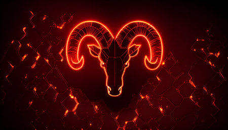 Vector illustration of a ram head on a dark background with glowing lights.の素材