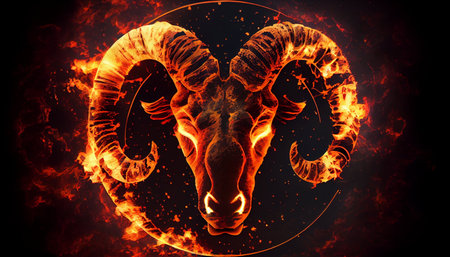 Ram head in fire flames on dark background. Symbol of ram.の素材