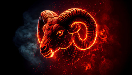 Ram head with red neon light and smoke on a black background.の素材