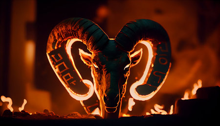 Ram head with horns on the background of a burning fireplace. The concept of the fight against fire.の素材