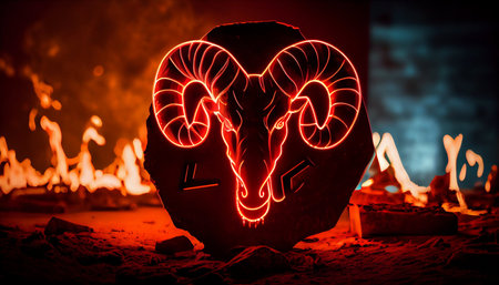 Neon ram head on a stone in front of a burning fireplace. Close up.の素材