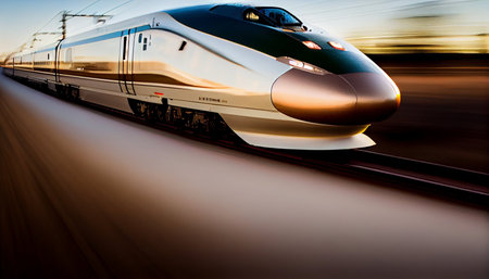 Modern high-speed train with motion blur effect. Shallow depth of field.の素材