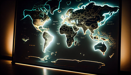 Glowing world map on computer screen. Technology and communication concept. 3D Renderingの素材
