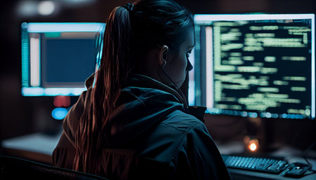 Back view of female security guard using computer in surveillance room at nightの素材