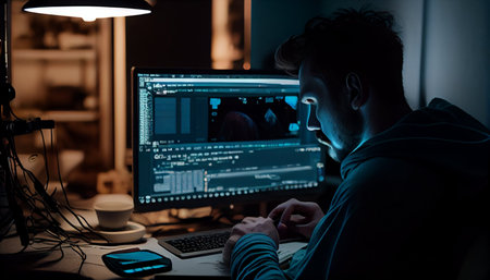 Side view of young man using laptop while sitting at night in dark roomの素材