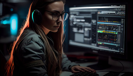 Serious female gamer in headphones and glasses working on computer at dark roomの素材