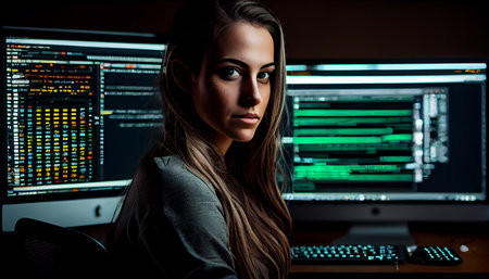 Serious young female programmer working at computer in dark office late at night.の素材