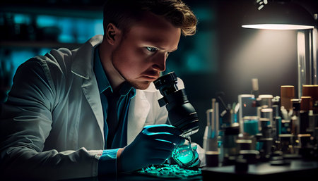 Scientist working with microscope in laboratory. Science and technology concept.の素材