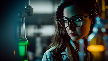 Close-up portrait of a female scientist in a laboratory. Research concept.の素材