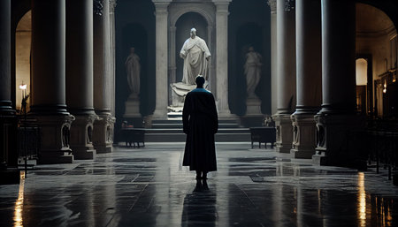 Rear view of young man in black robe looking at statue of Christ in churchの素材