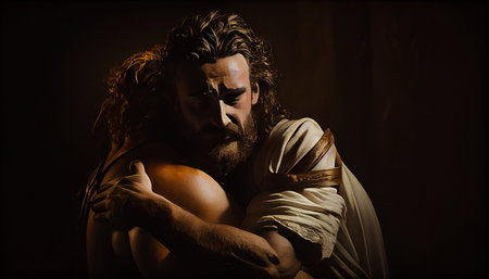 Jesus Christ with the ball in his hands, on a dark backgroundの素材