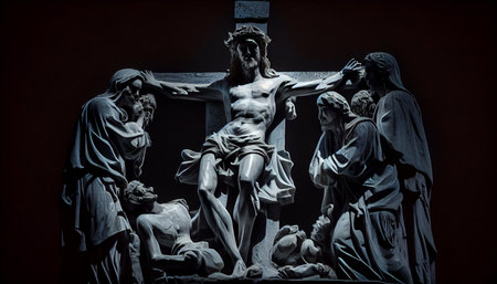 Statues of the Crucifixion of Jesus Christ on a dark backgroundの素材