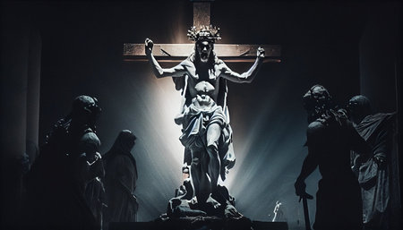 Jesus Christ with crown of thorns on the cross in the darkの素材