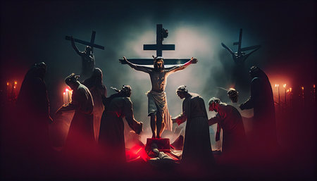 Jesus Christ crucified on cross at night. Jesus Christ crucified on cross.の素材
