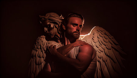 Man with angel wings in dark room. Man with angel wings in dark room.の素材