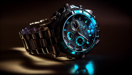 Wrist watch with blue dial and black bracelet on black background.の素材