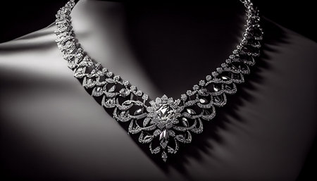 necklace on a black satin background, closeup of photoの素材