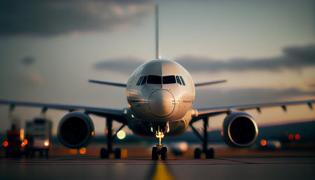 Airplane in the airport at sunset. Shallow depth of fieldの素材