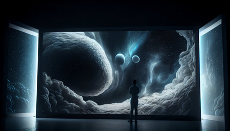 Man looking at planet from open door. Mixed media. Mixed mediaの素材