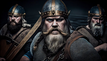 Medieval knight with long beard and moustache on dark backgroundの素材