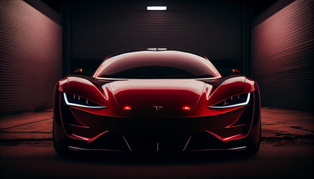 Front view of luxury red sport car in garage. 3d renderingの素材