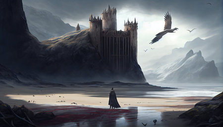 Fantasy landscape with a man in a hood and a castle.の素材