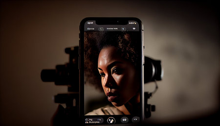 Close-up of a young African-American woman vlogging with a smartphoneの素材
