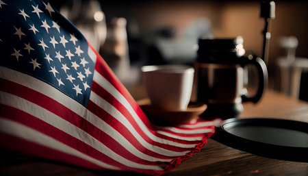 American flag with cup of coffee on wooden table in cafe, close upの素材
