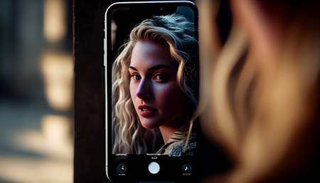 Beautiful blonde girl looking at her reflection in the mirror of a smartphone.の素材