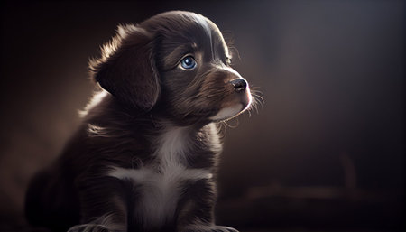Chihuahua puppy in a dark room on a dark backgroundの素材