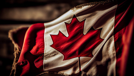 Closeup of the flag of Canada against a dark background. Toned.の素材