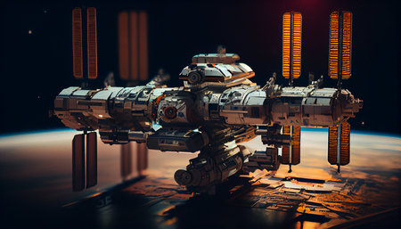 3D rendering of a space station in outer space. Futuristic background.の素材