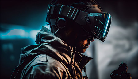 Portrait of a futuristic man in virtual reality helmet and goggles.の素材