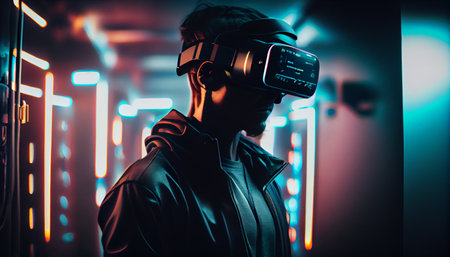 Young man wearing virtual reality goggles. Future technology concept. 3D Renderingの素材