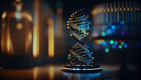 DNA molecule. Science and medical background. 3d illustration. Double exposureの素材