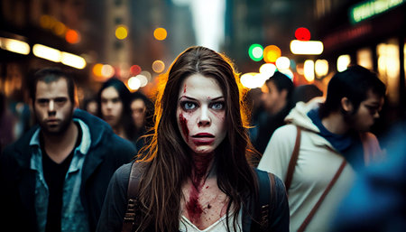 Zombie girl on the street at night in New York City.の素材
