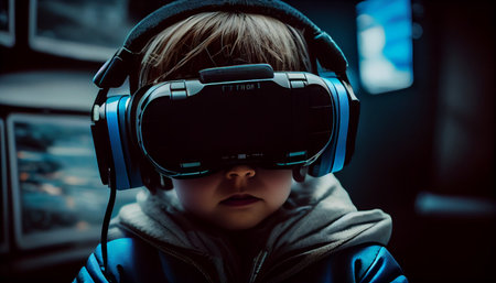 Little boy wearing virtual reality goggles. Future technology concept. 3D Renderingの素材