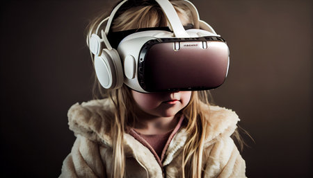 Little girl with virtual reality headset. Future technology concept. 3D Renderingの素材