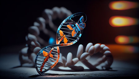 DNA molecule on dark background. 3d rendering toned image double exposureの素材