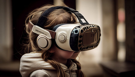 Little girl wearing virtual reality goggles. Future technology concept. 3D Renderingの素材