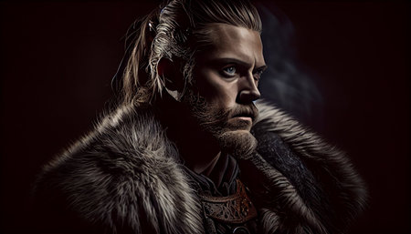 Portrait of a medieval warrior in a fur coat. Fantasy.の素材