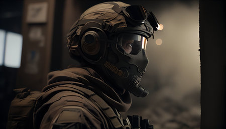 Portrait of a special forces soldier in a gas mask at nightの素材