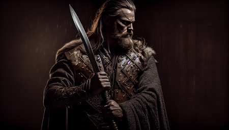 Medieval warrior with sword and armor on dark background. Studio shot.の素材