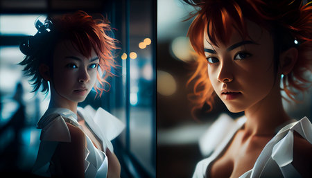 Portrait of a beautiful girl with red hair in a white shirtの素材