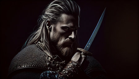 Portrait of a medieval warrior with a sword on a black backgroundの素材