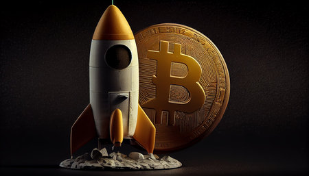 Bitcoin cryptocurrency coin and rocket on dark background. 3D illustration.の素材